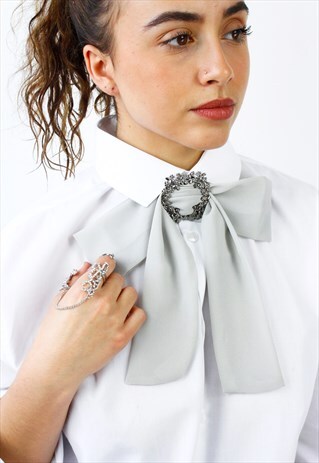 GREY CHIFFON BOW TIE CHOKER STATEMENT NECKLACE