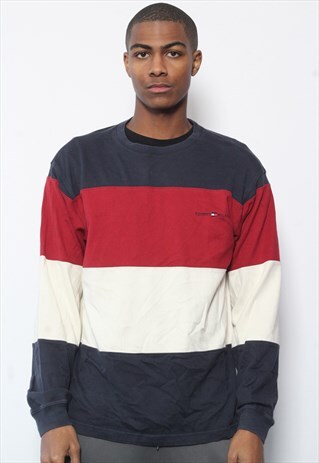VINTAGE TOMMY HILFIGER BLOCK COLOUR LOGO SWEATSHIRT NAVY