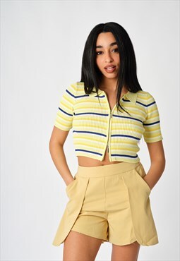 Yellow Striped Double Zip Front Short Sleeve Shirt Tee