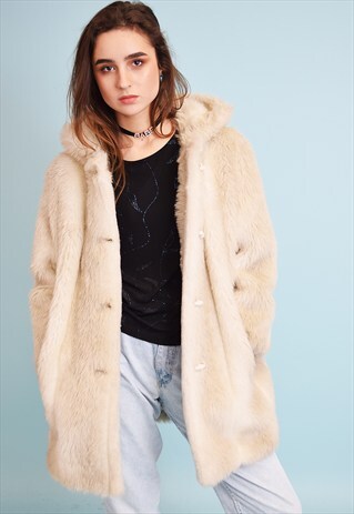 VINTAGE 70'S RETRO OVERSIZED FAUX FUR NEUTRAL COAT