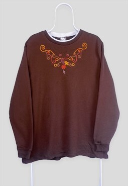 Vintage Brown Embroidered Sweatshirt Floral Women's XL