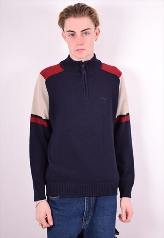 FILA MENS VINTAGE JUMPER SWEATER LARGE NAVY BLUE 90'S