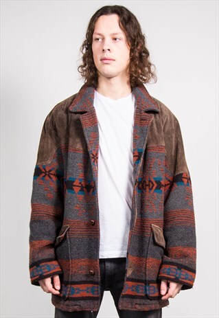 VINTAGE 90'S SUEDE AZTEC PATTERN BLANKET JACKET COAT