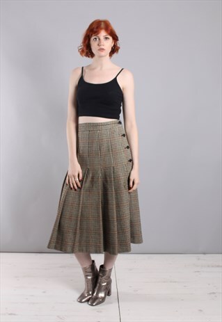 VINTAGE 80S DOGTOOTH TWEED PLEATED MIDI SKIRT