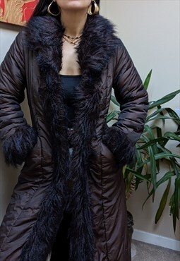 Vintage Y2K Penny Lane Coat Faux Fur Trim Afghan Trench