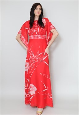 Vintage Ladies 70's Dress Red White Floral Kimono Sleeve 