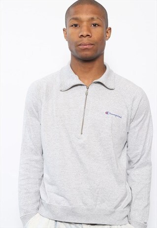 VINTAGE CHAMPION BIG SPELL OUT LOGO 1/4 ZIP SWEATSHIRT GREY