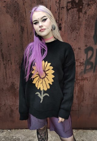 BOX FIT DAISY KNITTED SWEATSHIRT SUNFLOWER KNITWEAR JUMPER