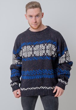 Vintage Xmas Knit Jumper Graphic Sweatshirt Black XL