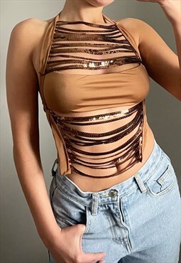 Festival Brown Sequin Backless Top