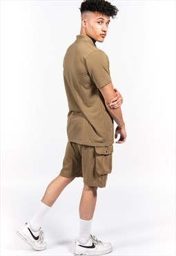 Justyouroutfit Mens Pique Polo and Cargo Short Set Khaki