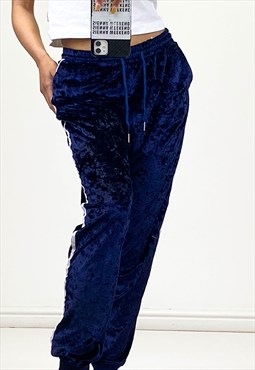 Y2K Velour Jogging Bottoms Navy With Drawstring Waist 