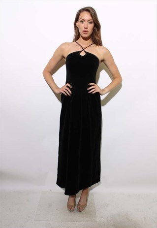 VINTAGE 1980'S 80'S BLACK VELVET KEYHOLE MAXI LONG GOWN XS-S