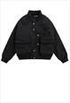 Utility bomber jacket multi pocket grunge puffer in black