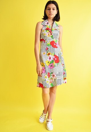 70'S RETRO RESORT FLORAL PATTERN MINI PINAFORE DRESS
