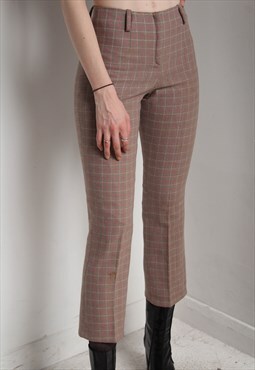 Vintage Checked Cropped Flare Mid Rise Trousers Pink