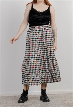 Vintage 90s A Line Plaid&Floral Pattern Maxi Women Skirt XL