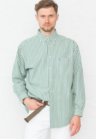 VINTAGE GREEN TOMMY HILFIGER STRIPED LONG SLEEVE SHIRT