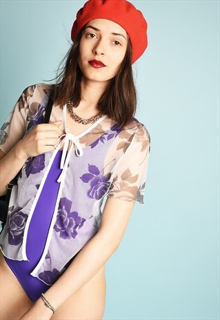 Y2K MESH TRANSPARENT ROSE PRINT FESTIVAL TOP