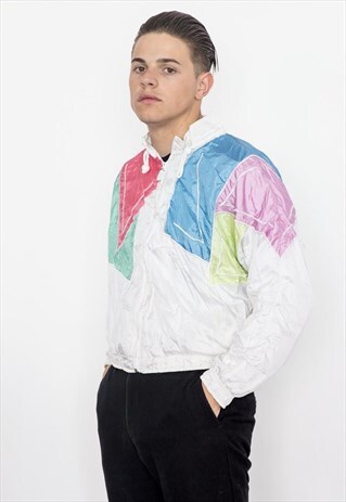 90S VINTAGE LIGHT COLOUR SQUARES PRINT BOMBER JACKET