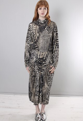 VINTAGE 80S ANIMAL PRINT PATTERNED BATWING MIDI DRESS
