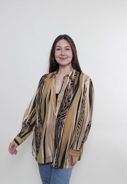 Vintage 90s oversize blouse, abstract brown blouse