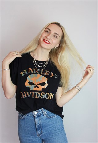 VINTAGE 90S RARE HARLEY-DAVIDSON SKULL T-SHIRT BLACK