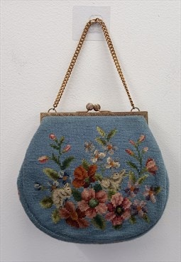 90's Vintage Bag Blue Multi Floral Embroidered