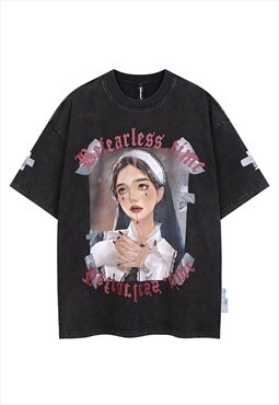 Nun t-shirt Gothic print tee grunge cartoon top in black