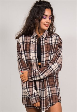 VINTAGE 90'S BROWN CHECK LONG SLEEVE FLANNEL SHIRT