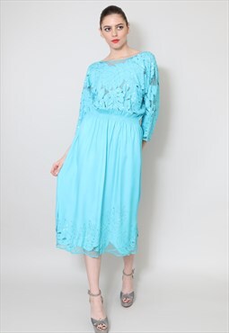 70's Ladies Vintage Dress Blue Cotton Embroidery Sequin Midi
