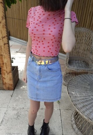 HEARTS PRINT TRANSPARENT MESH CROP TOP