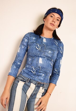 Y2K RETRO LYCRA TOP WITH JEANS DENIM PRINT