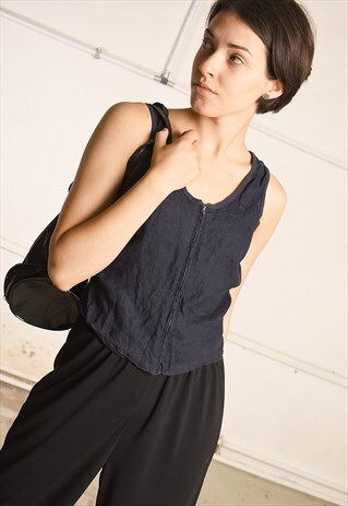 90'S RETRO ZIPPED FRONT LINEN MINIMALIST PARIS CHIC TOP