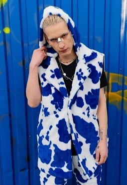 Cow fleece gilet handmade sleeveless hood animal jacket blue