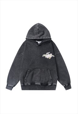 Black Washed Graphic Oversized Hoodies Y2k
