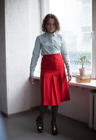 VINTAGE 60'S MIDI BRIGHT RED PLEATED FRONT SKIRT