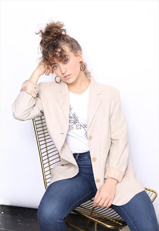 VINTAGE 80S CREAM LINEN BLAZER JACKET
