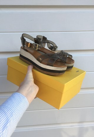 WOMENS FENDI SANDALS BROWN WHITE STRAPPY PLATFORM SHOES