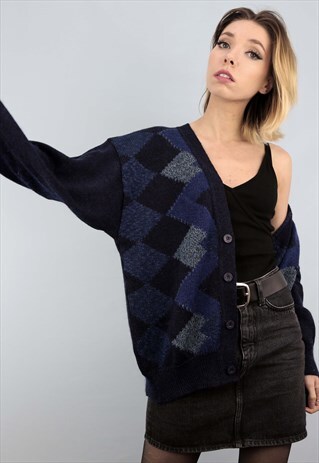 VINTAGE 80S 90S OVERSIZED PATTERNED KNIT CARDIGAN
