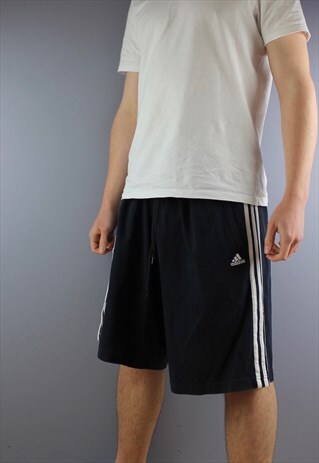 VINTAGE ADIDAS SHORTS IN NAVY WITH POCKETS, EMBROIDERED LOGO