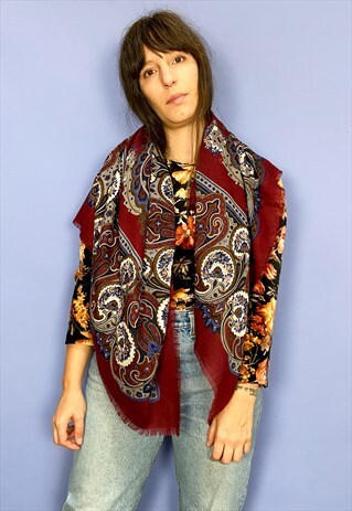 VINTAGE 70'S LARGE RED PATTERNED SQUARE SCARF - ONE SIZE