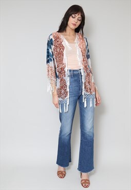 Vintage Style New Burnt Velvet Blue Peach Kimono Jacket