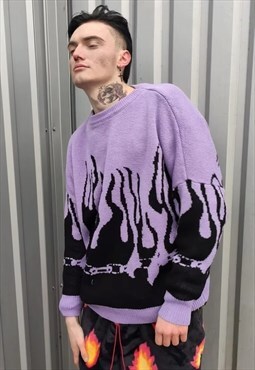 Grunge flame sweater in pastel fire knitwear jumper purple