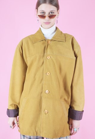 VINTAGE LEATHER JACKET TRENCH COAT IN YELLOW CAMEL