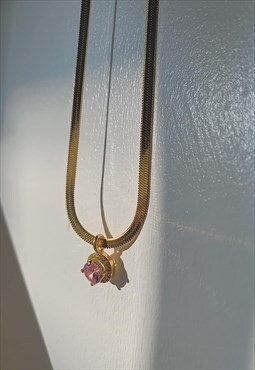 BLOOM. Gold Pink Crystal Snake Herringbone Chain Necklace