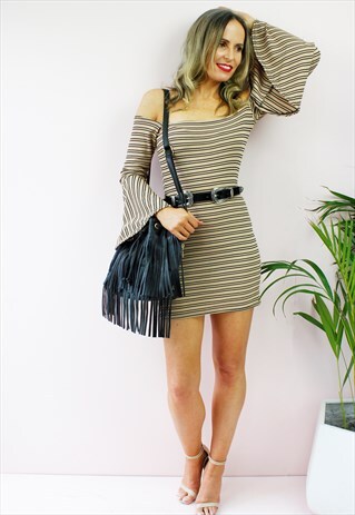 STRIPED BARDOT OFF SHOULDER BELL SLEEVE BODYCON MINI DRESS