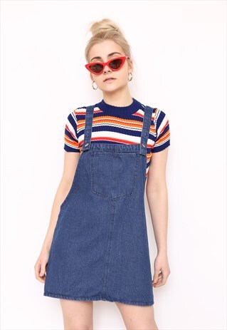 VINTAGE 90S BLUE DENIM PINAFORE MINI DRESS