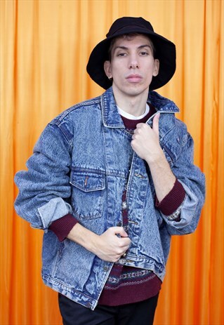 VINTAGE 80S DENIM JACKET BLUE ACID CHEMICAL WASHED UNISEX