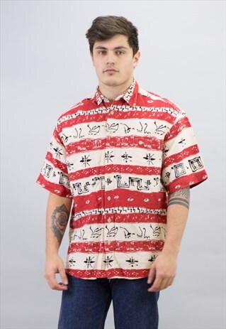 VINTAGE RED & WHITE AZTEC ABSTRACT PATTERN SHIRT